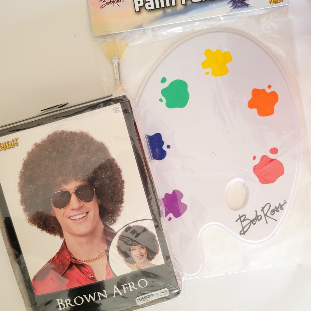 Bob Ross Halloween costume Afro wig & art Faux Palette - Picture 1 of 1